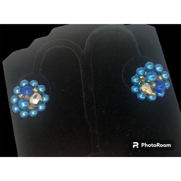 Vtg MCM 1960’s Clip On Earrings Blue Gold Beads Cluster Mid-Century Japan - Picture 2 of 6